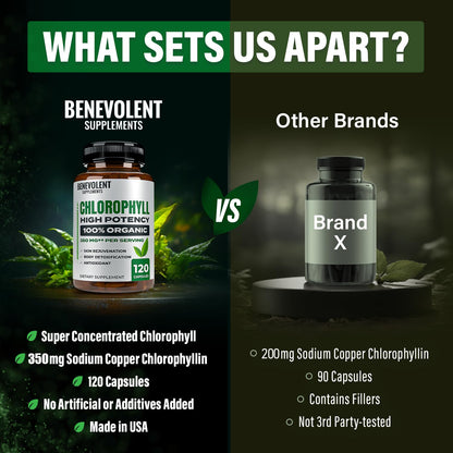 Benevolent Chlorophyll Capsules 350mg – 120 Caps | Natural, 20x Potency
