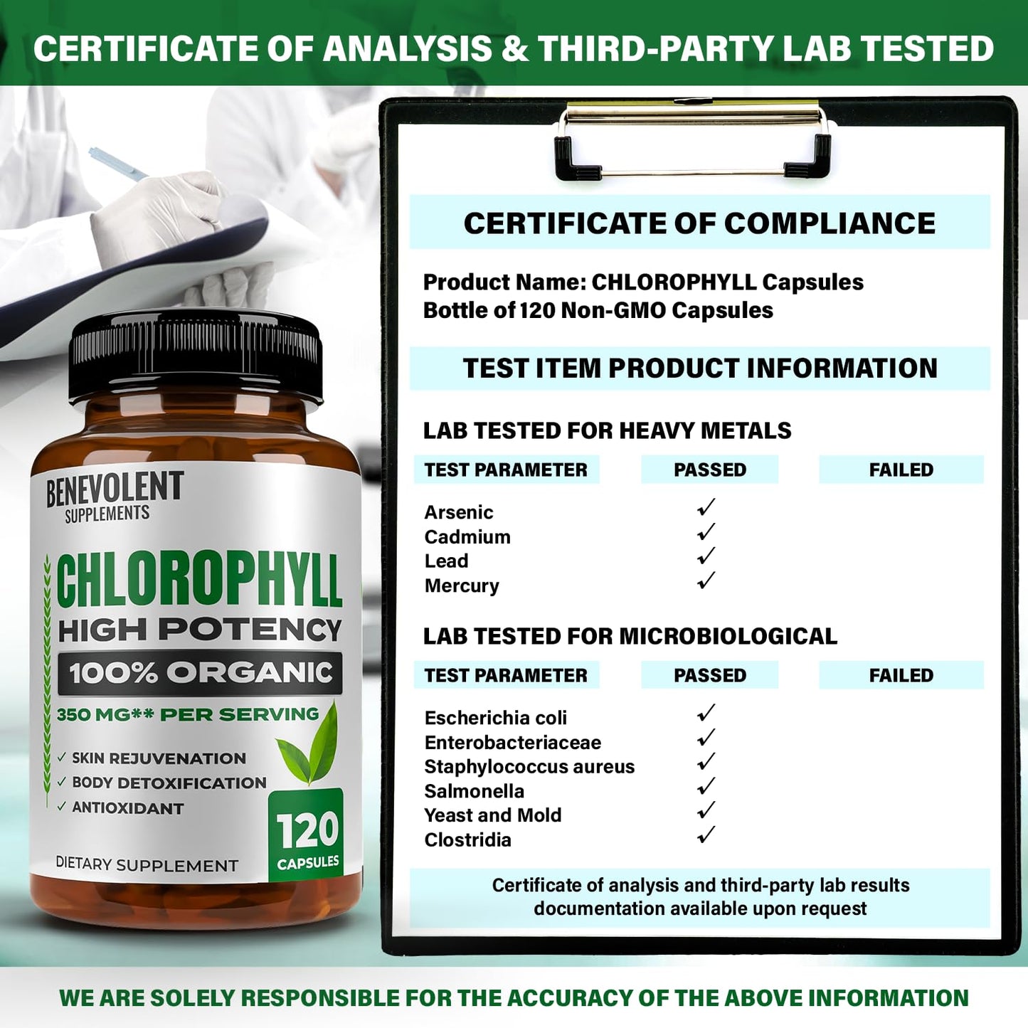 Benevolent Chlorophyll Capsules 350mg – 120 Caps | Natural, 20x Potency
