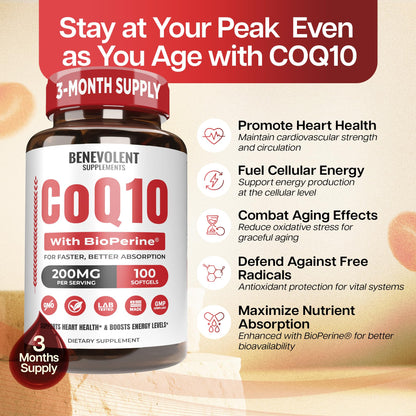 Benevolent CoQ10 200mg Softgels with BioPerine – Heart Health & Energy Support (100 Softgels)
