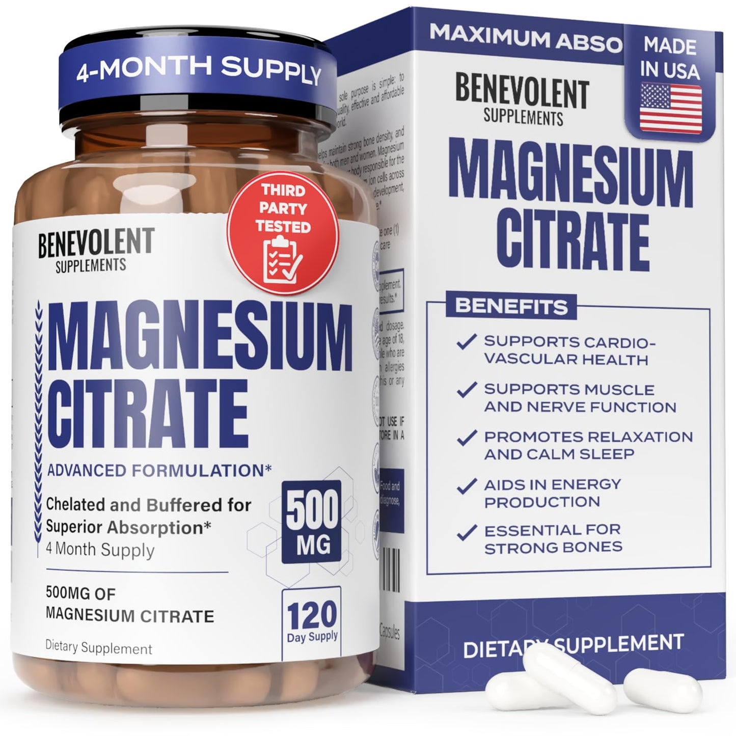 Benevolent Magnesium Citrate 500mg Capsules – Chelated & Buffered, 120 Veggie Caps