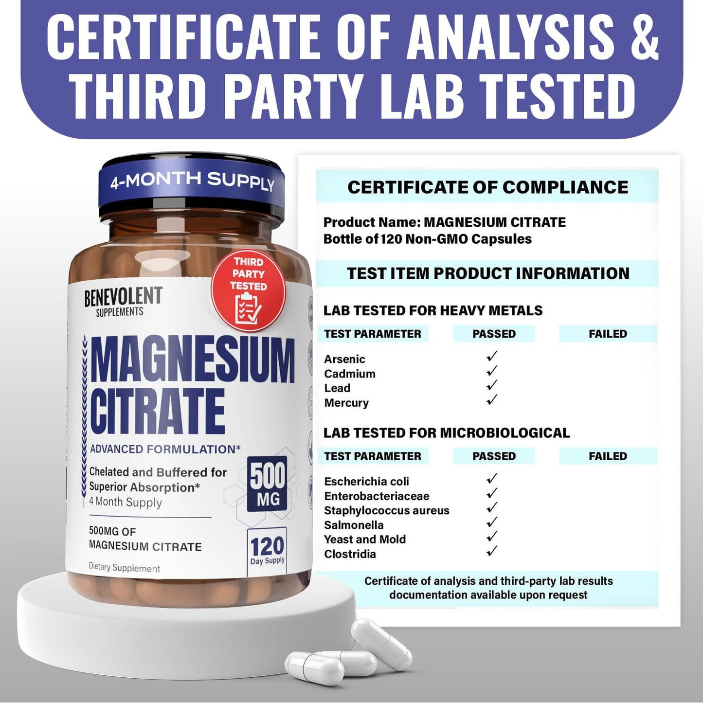 Benevolent Magnesium Citrate 500mg Capsules – Chelated & Buffered, 120 Veggie Caps
