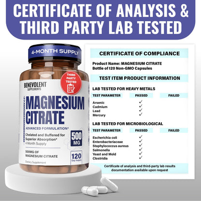 Benevolent Magnesium Citrate 500mg Capsules – Chelated & Buffered, 120 Veggie Caps