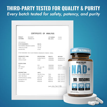 Benevolent NAD+ Supplement 1050mg | 3-in-1 NAD+ for Energy, Brain & Aging | 90 Caps