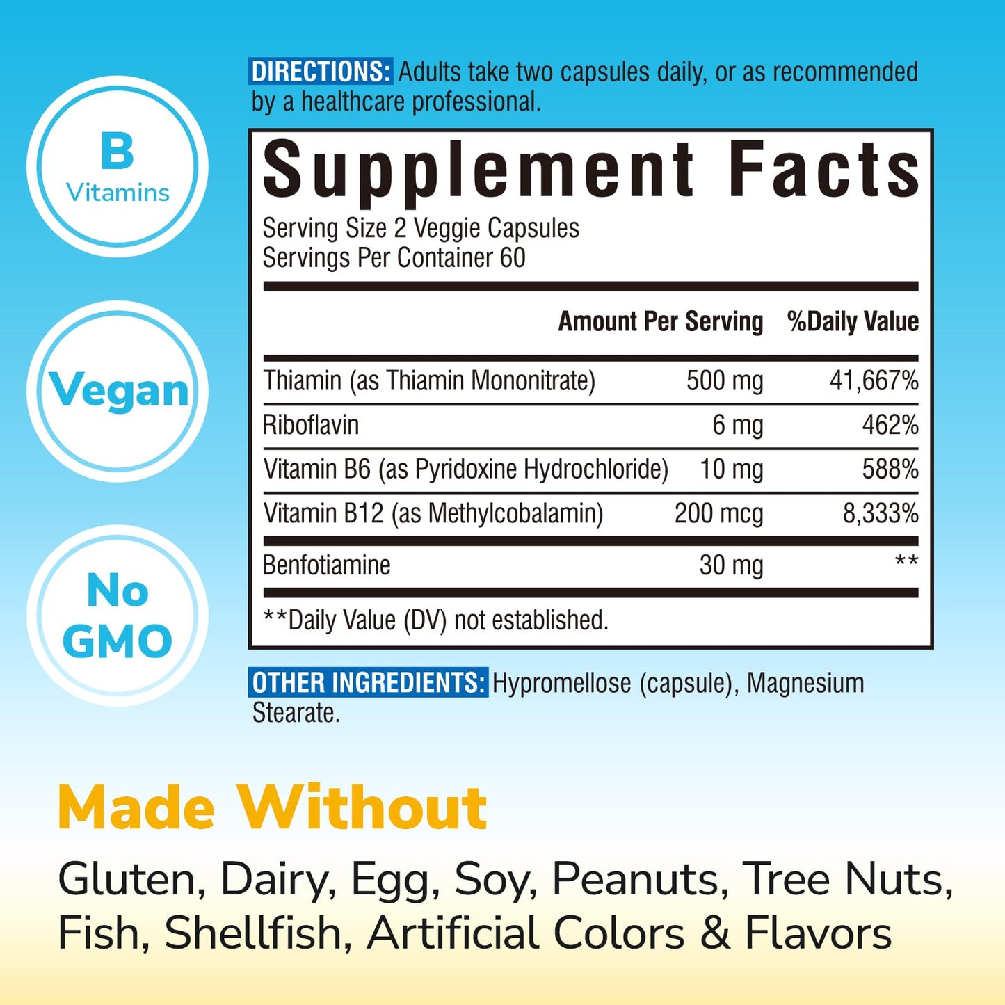 Mega Vitamin B1 500 mg with Benfotiamine – Vegan B-Complex (B1/B2/B6/B12) 120 Capsules