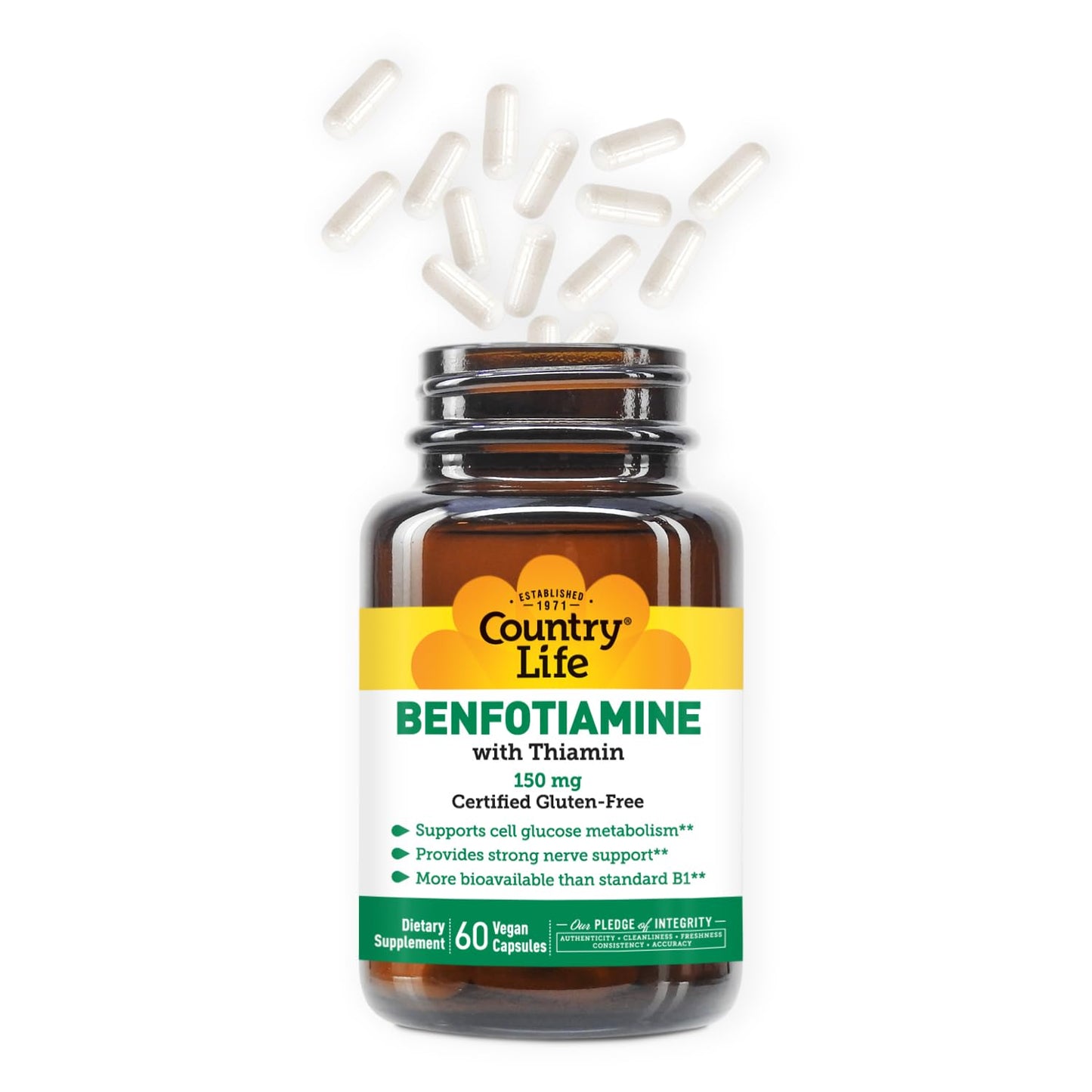 Country Life Benfotiamine with Thiamin – 150 mg, 60 Vegetarian Capsules | Gluten Free & Vegan