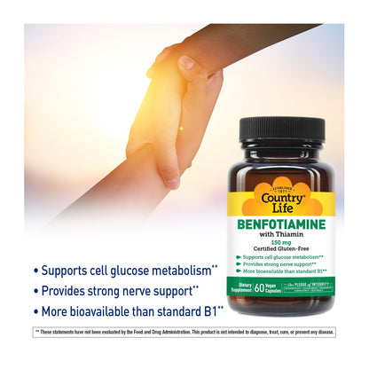 Country Life Benfotiamine with Thiamin – 150 mg, 60 Vegetarian Capsules | Gluten Free & Vegan