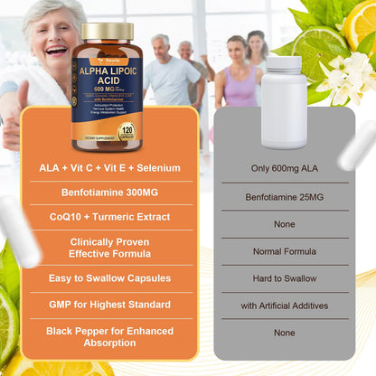 Alpha Lipoic Acid 600mg with Benfotiamine 300mg – Nerve Health & Antioxidant Support (120 Veg Caps)