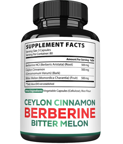 Berberine 1500mg with Organic Cinnamon Bark & Bitter Melon – 240 Vegan Capsules (80 Servings)