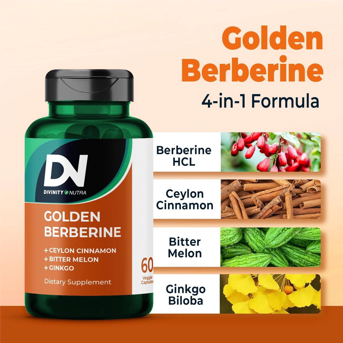 Berberine Supplement with Bitter Melon, Ginkgo Biloba & Ceylon Cinnamon – 60 Capsules, Vegan, Made in USA