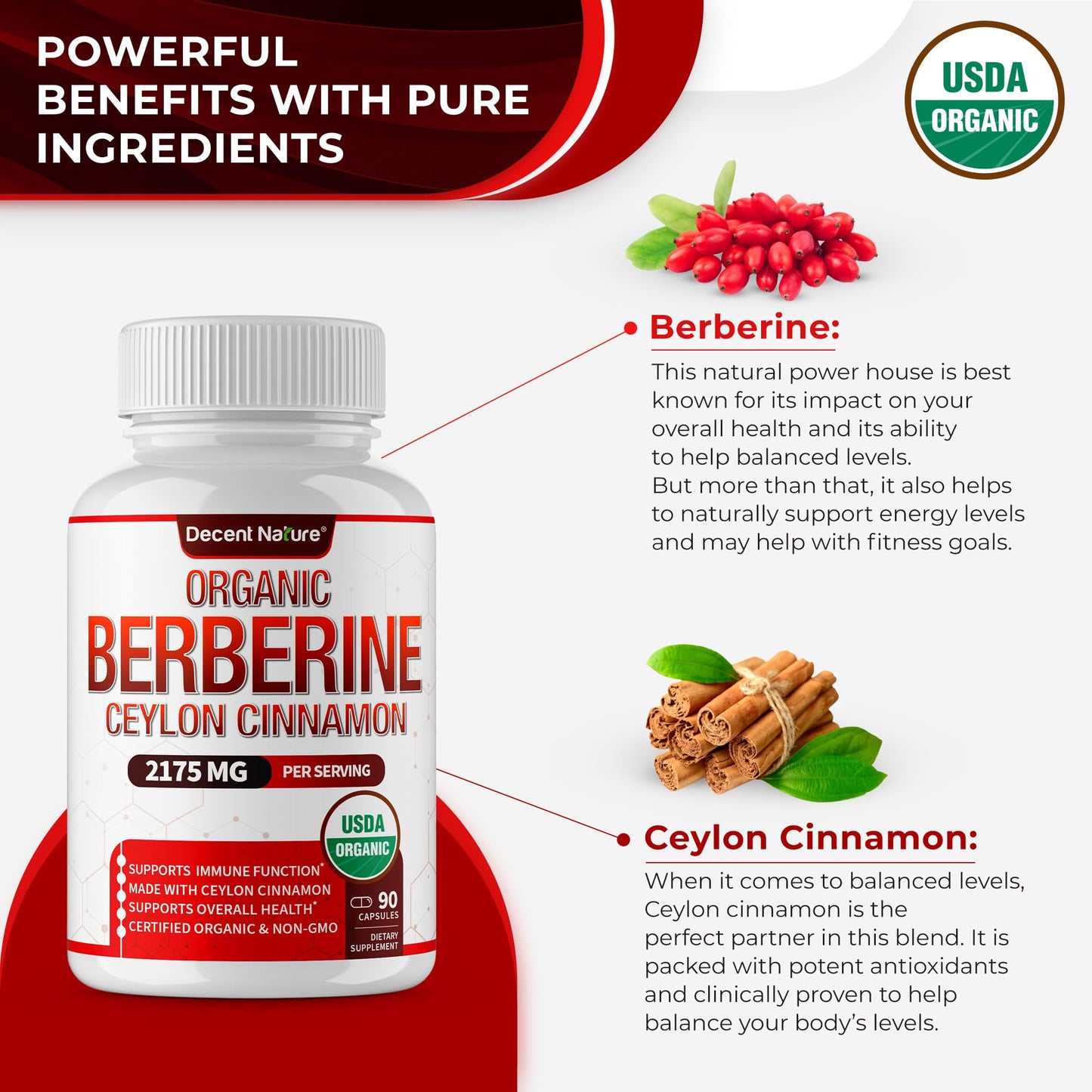 Organic Berberine with Ceylon Cinnamon 2175mg - 90 Capsules | USDA Organic