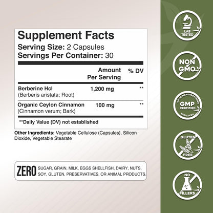 Gade Nutrition Berberine with Ceylon Cinnamon | Berberine HCl 1200 mg | USA Made