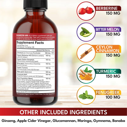 Berberine with Ceylon Cinnamon Liquid Drops 4 OZ – Immune Support with Ginseng, Turmeric, Chromium, Bitter Melon, Moringa