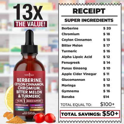 Berberine with Ceylon Cinnamon Liquid Drops 4 OZ – Immune Support with Ginseng, Turmeric, Chromium, Bitter Melon, Moringa