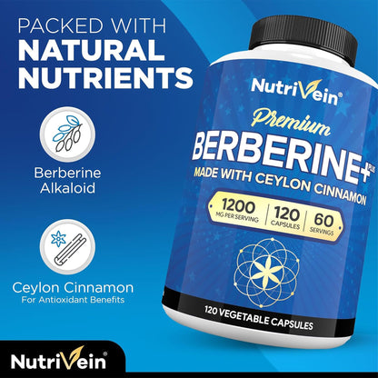 Nutrivein Premium Berberine HCL 1200 mg with Ceylon Cinnamon - 120 Capsules | High-Absorption Berberine for Digestion, Metabolism & Defenses