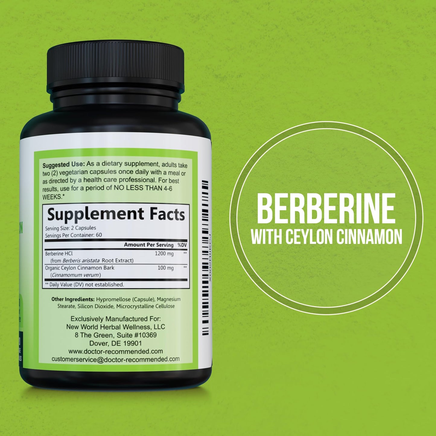 Doctor Recommended Berberine with Ceylon Cinnamon - 1200mg Berberine & 100mg Cinnamon, 120 Veggie Capsules