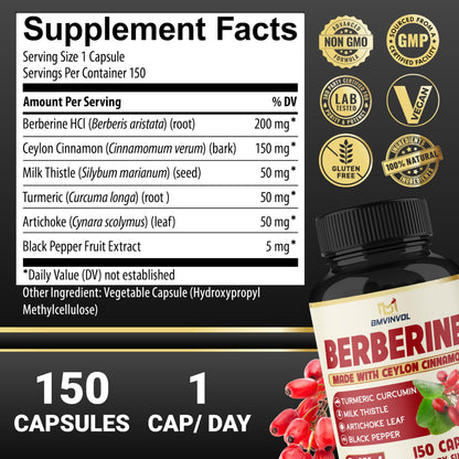 Berberine with Ceylon Cinnamon, Turmeric, Milk Thistle, Artichoke & Black Pepper - 150 Count