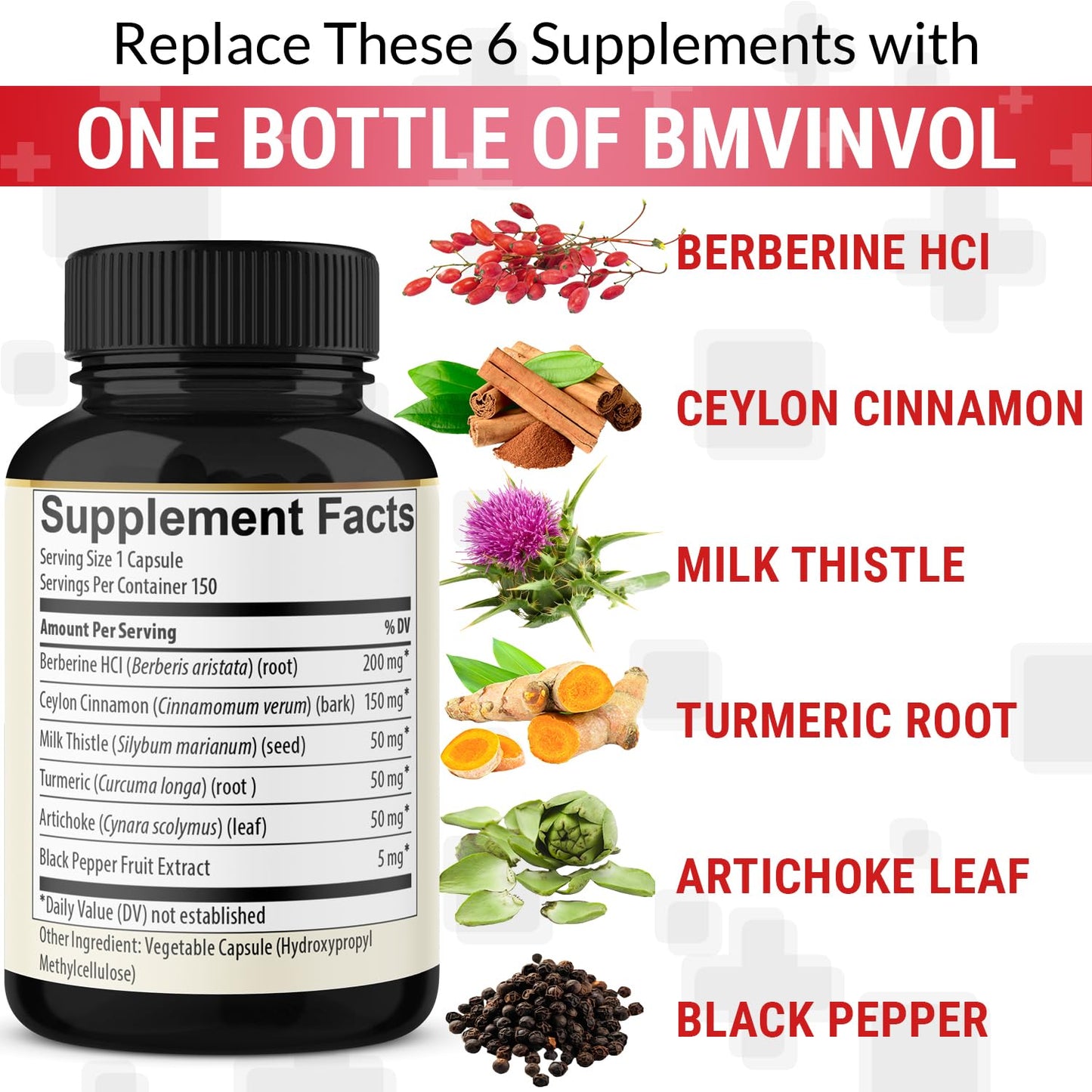 Berberine with Ceylon Cinnamon, Turmeric, Milk Thistle, Artichoke & Black Pepper - 150 Count