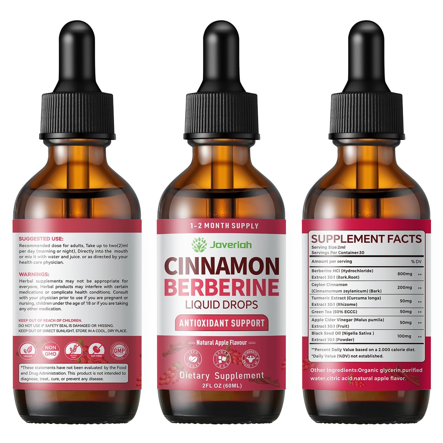Berberine Drops with Ceylon Cinnamon & Turmeric – Vegan HCl Liquid Drops – 4 FL OZ (2 Pack)