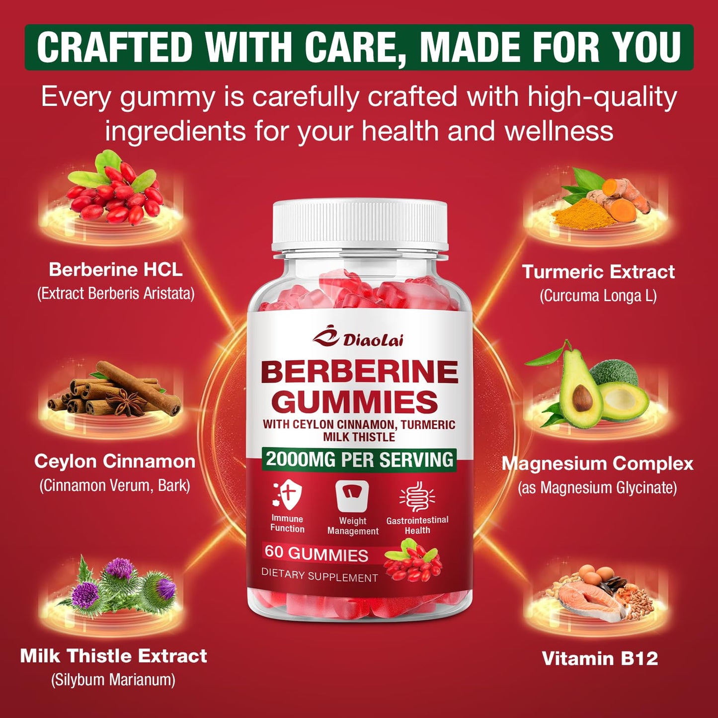 Berberine Gummies 2000mg HCL – Vegan, Non-GMO, Gluten-Free | Raspberry 120 Count