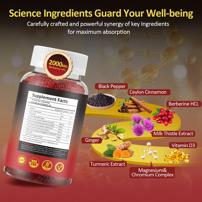 Berberine Gummies 2000 mg – Sugar Free, Vegan Raspberry (2 Pack, 120 Count)