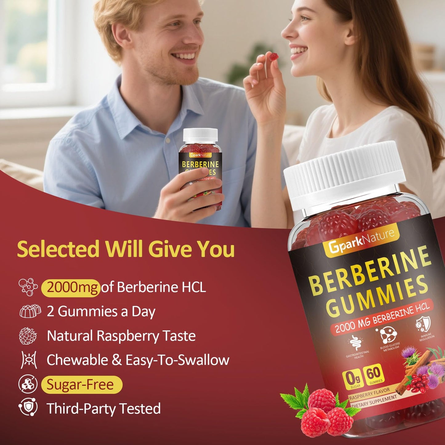 Berberine Gummies 2000 mg – Sugar Free, Vegan Raspberry (2 Pack, 120 Count)
