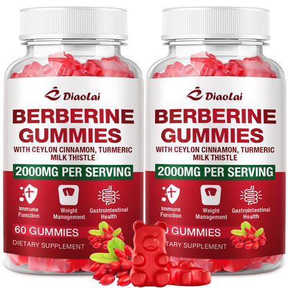 Berberine Gummies 2000mg HCL – Vegan, Non-GMO, Gluten-Free | Raspberry 120 Count
