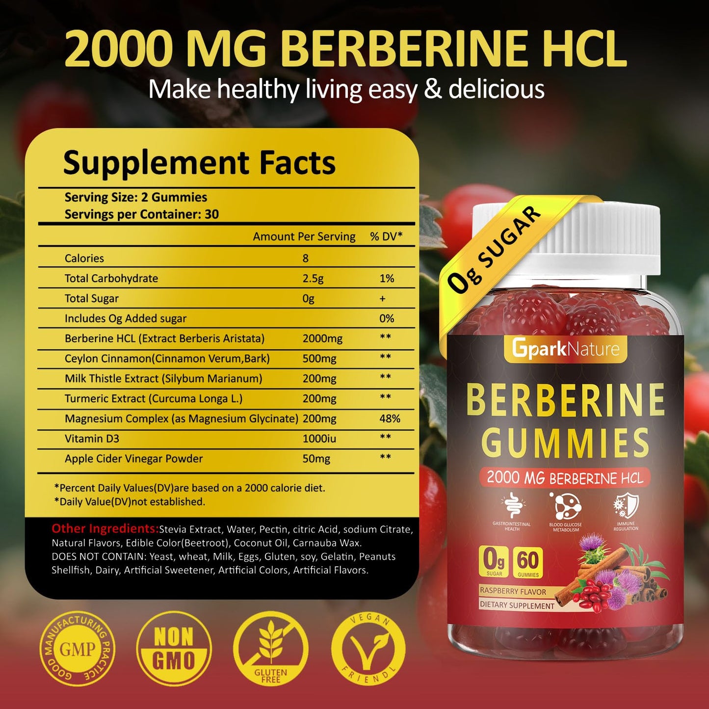 Berberine Gummies 2000 mg, Berberine Supplement with Ceylon Cinnamon, Turmeric, Milk Thistle, Magnesium, Chromium for Immune Support, Sugar Free, Vegan, Raspberry Flavor, 60 Count-1 Pack