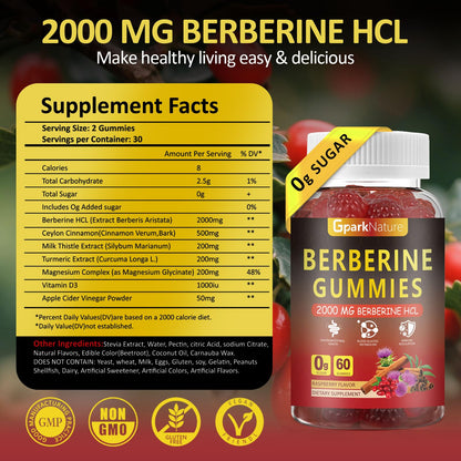 Berberine Gummies 2000 mg, Berberine Supplement with Ceylon Cinnamon, Turmeric, Milk Thistle, Magnesium, Chromium for Immune Support, Sugar Free, Vegan, Raspberry Flavor, 60 Count-1 Pack