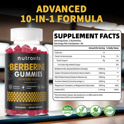 Nutravita Berberine Gummies 1500mg HCL + Ceylon Cinnamon – Sugar Free Raspberry 2-Pack