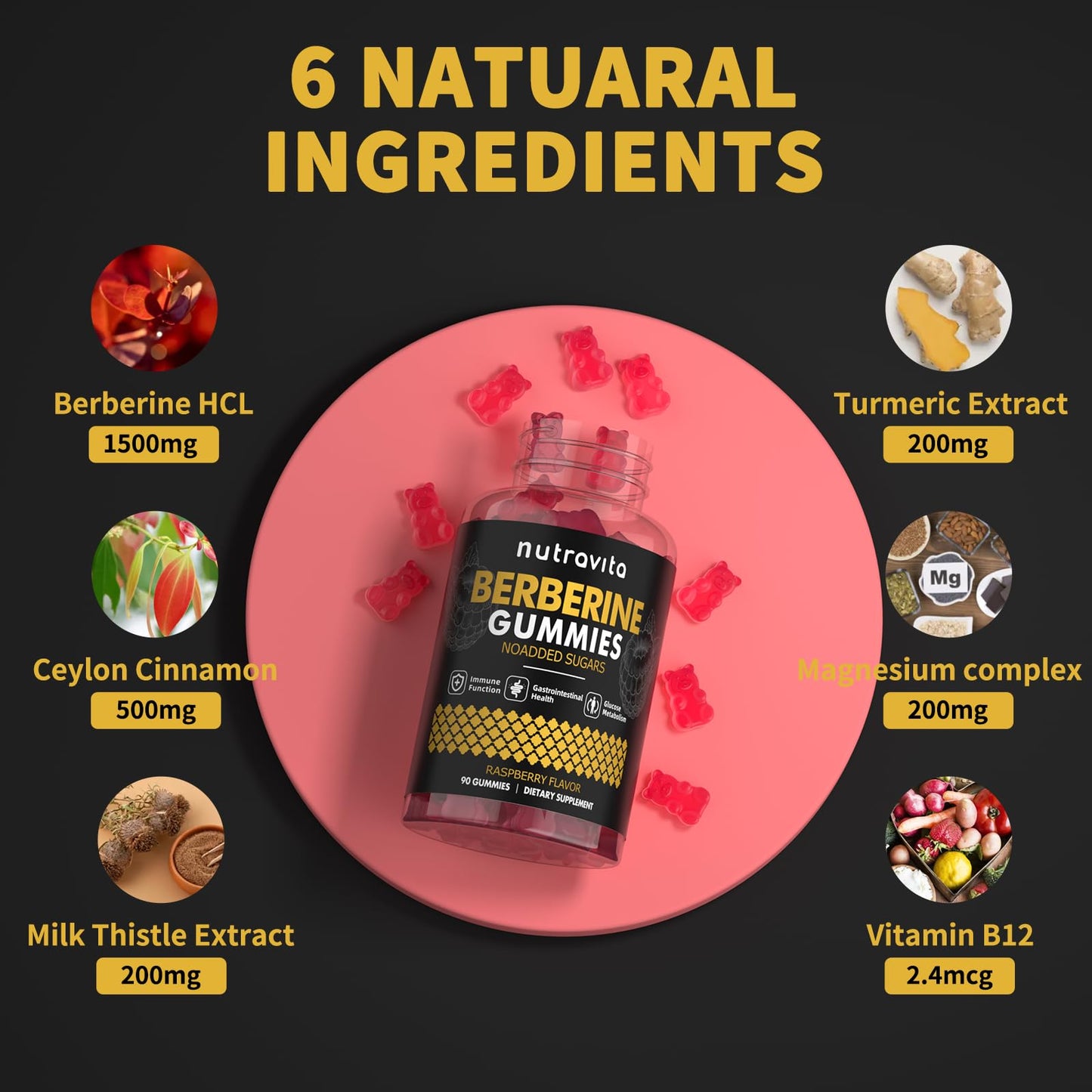 Nutravita Berberine Gummies 1500mg HCL + Ceylon Cinnamon – Sugar Free Raspberry 2-Pack
