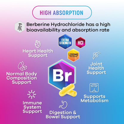 Berberine HCL 1200mg - High Absorption Capsule for Heart Health & Immune Support | Vegan, Gluten-Free, Non-GMO | 120 Veggie Capsules