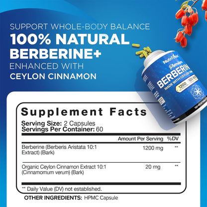 Nutrivein Premium Berberine HCL 1200 mg with Ceylon Cinnamon - 120 Capsules | High-Absorption Berberine for Digestion, Metabolism & Defenses