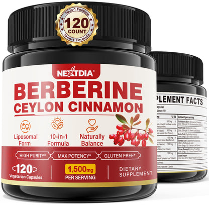 Berberine Supplement Organic 1500mg – Liposomal HCL Complex with Cinnamon & Bitter Melon (120 Caps)