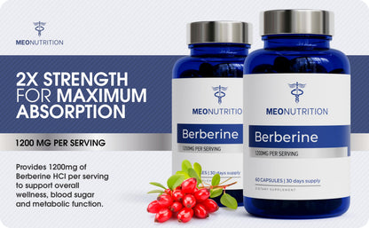 Meo Nutrition Berberine Supplement 1200mg HCI - 60 Capsules | Third-Party Lab Tested, Non-GMO, GMP Certified