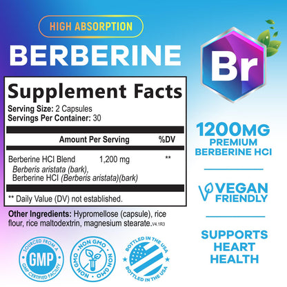Berberine HCL 1200mg Supplement – High-Absorption Berberine HCL Capsules for Heart Health & Immune Support | Vegan, Gluten-Free, Non-GMO – 60 Veggie Capsules