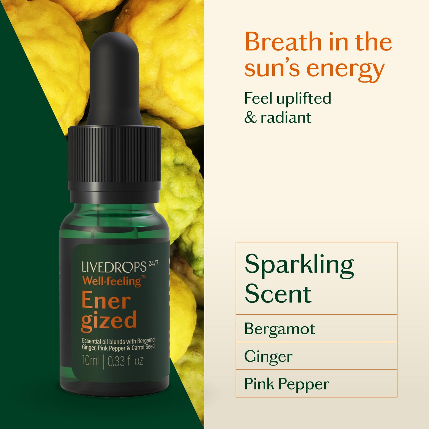 Livedrops 24/7 Energized Essential Oil Blend | Bergamot, Ginger & Pink Pepper