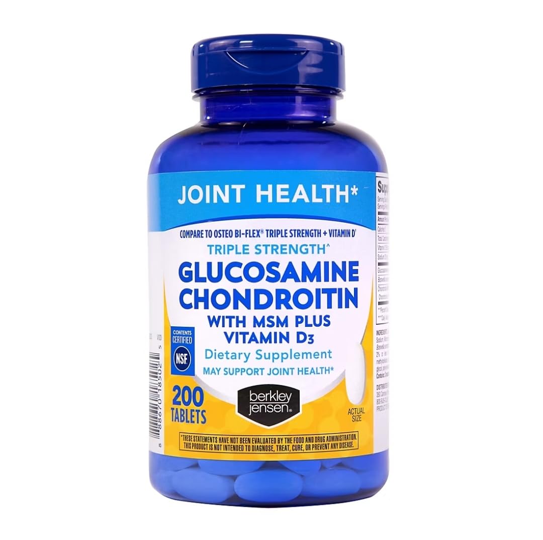 Berkley Jensen Glucosamine Chondroitin MSM – Triple Strength Joint Support, Vitamin D3, 200 Count – NSF Certified