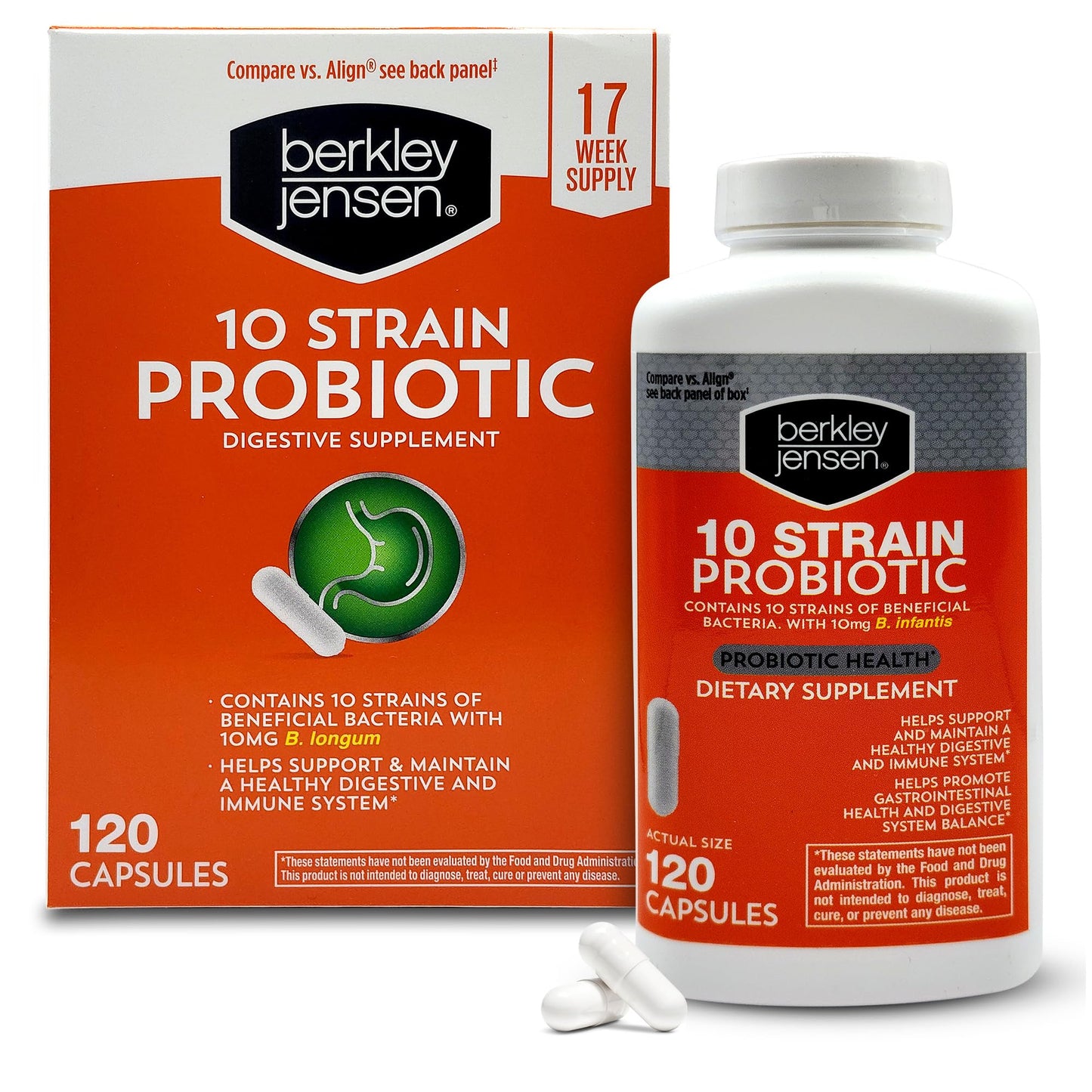 Berkley Jensen Natural 10-Strain Probiotic Supplement - 120 Count, 10 Billion CFUs per Capsule, 17-Week Digestive & Immune Health Support