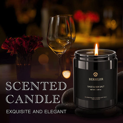 Bersiler Sage & Sea Salt Scented Candles for Men – Aromatherapy, Black Jar