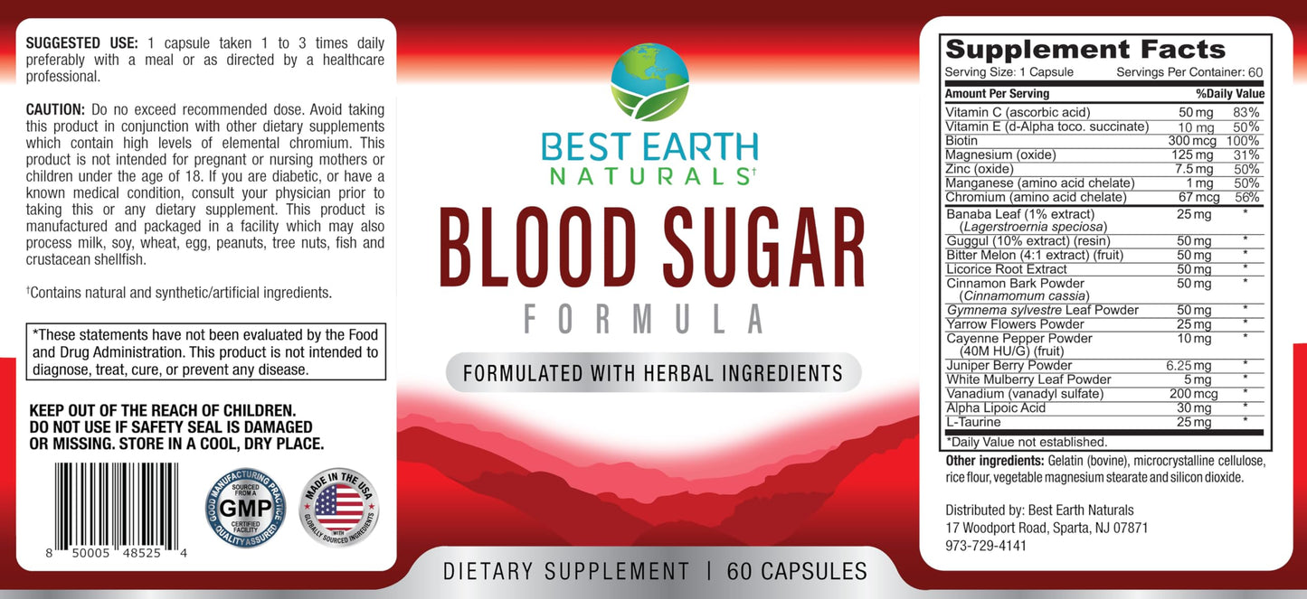Best Earth Naturals Blood Sugar Formula with Cinnamon, Gymnema & Banaba – 60 Count