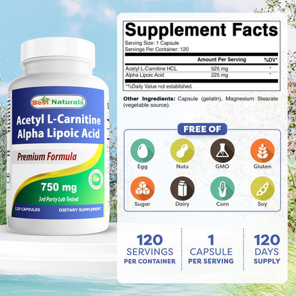 Best Naturals Acetyl L-Carnitine & Alpha Lipoic Acid 750 mg - 120 Capsules