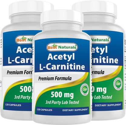 Best Naturals Acetyl L-Carnitine 500mg – 120 Servings (3 Pack) | Non-GMO & Gluten Free