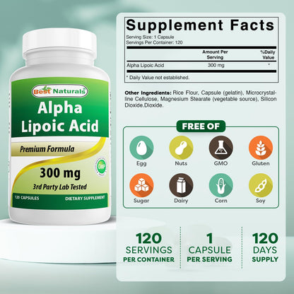 Best Naturals Alpha Lipoic Acid 300 mg - 120 Capsules (Pack of 3)