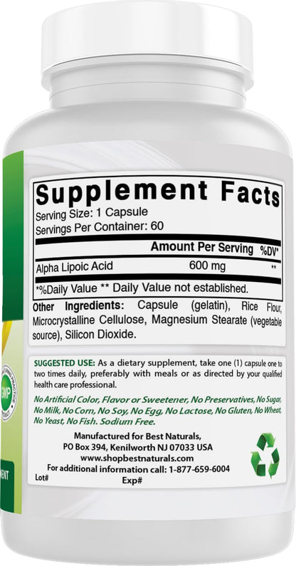 Best Naturals Alpha Lipoic Acid 600 mg – 60 Capsules (Pack of 2) | ALA Antioxidant