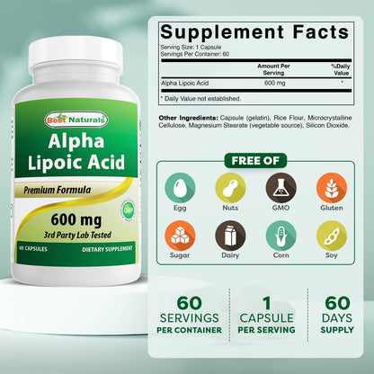 Best Naturals Alpha Lipoic Acid 600 mg – 60 Capsules (Pack of 2) | ALA Antioxidant