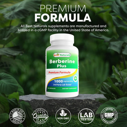 Best Naturals Berberine Plus 1000mg per Serving – Pack of 2, 60 Capsules Each | Non-GMO