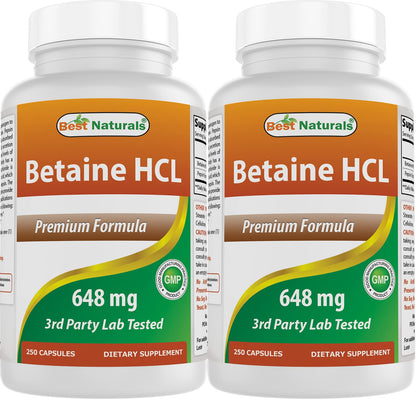 Best Naturals Betaine HCL 648 mg - 250 Capsules (Pack of 2)