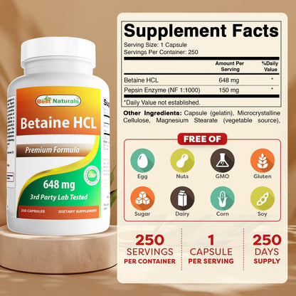 Best Naturals Betaine HCL 648 mg - 750 Capsules (3-Pack)