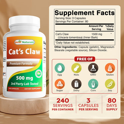 Best Naturals Cat's Claw Capsule 500 mg – 240 Count | Non-GMO, Gluten-Free