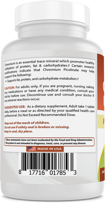 Best Naturals Chromium Picolinate 1000 mcg – 240 Tablets | GMP Certified, Made in USA